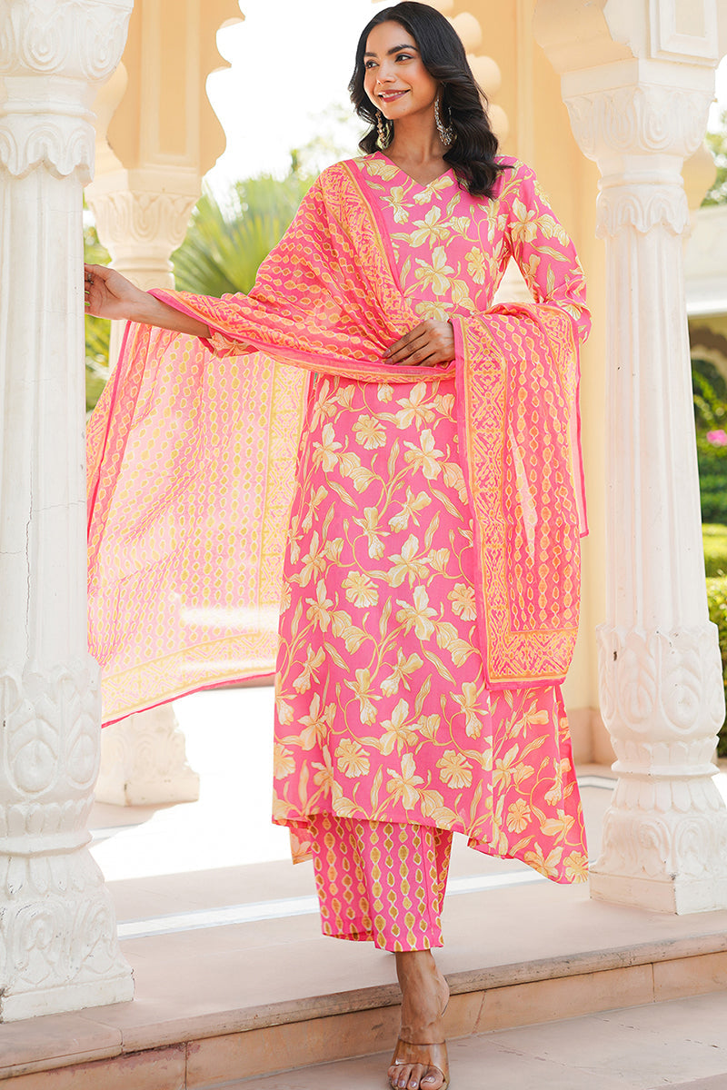 pink rayon blend floral printed a line kurta palazzo with dupatta vkskd2347