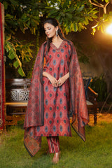 maroon rayon blend ethnic motifs printed straight kurta trousers with dupatta
