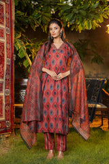 maroon rayon blend ethnic motifs printed straight kurta trousers with dupatta