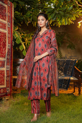 maroon rayon blend ethnic motifs printed straight kurta trousers with dupatta