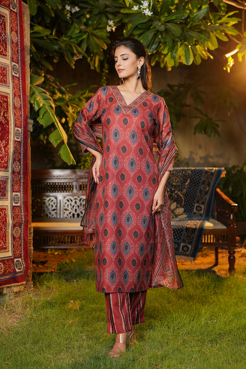 maroon rayon blend ethnic motifs printed straight kurta trousers with dupatta
