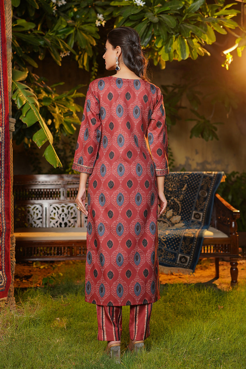 maroon rayon blend ethnic motifs printed straight kurta trousers with dupatta
