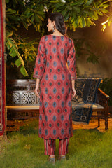 maroon rayon blend ethnic motifs printed straight kurta trousers with dupatta