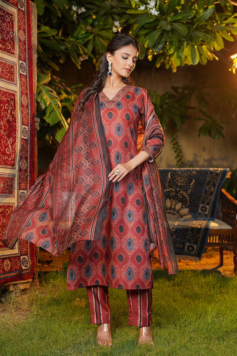 maroon rayon blend ethnic motifs printed straight kurta trousers with dupatta