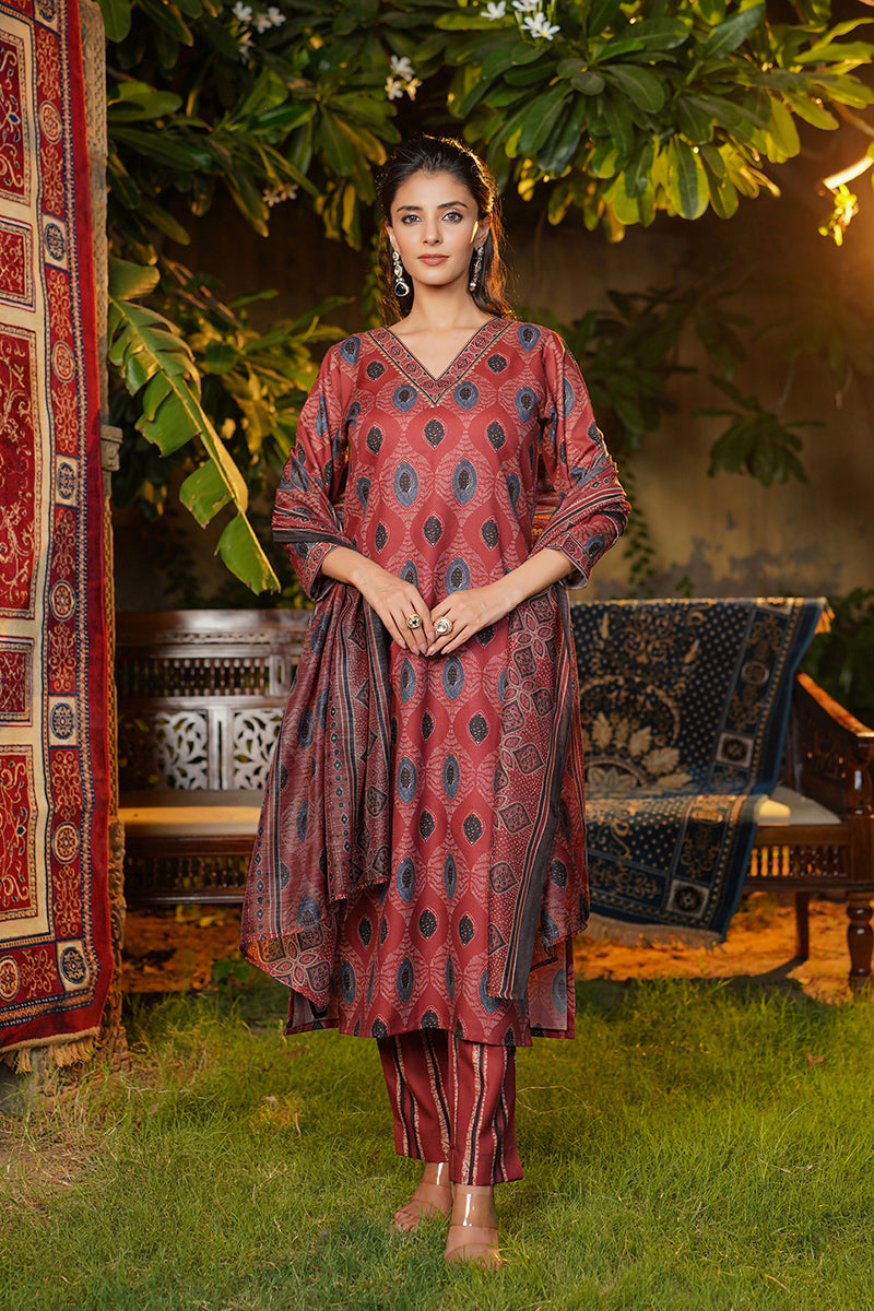 maroon rayon blend ethnic motifs printed straight kurta trousers with dupatta