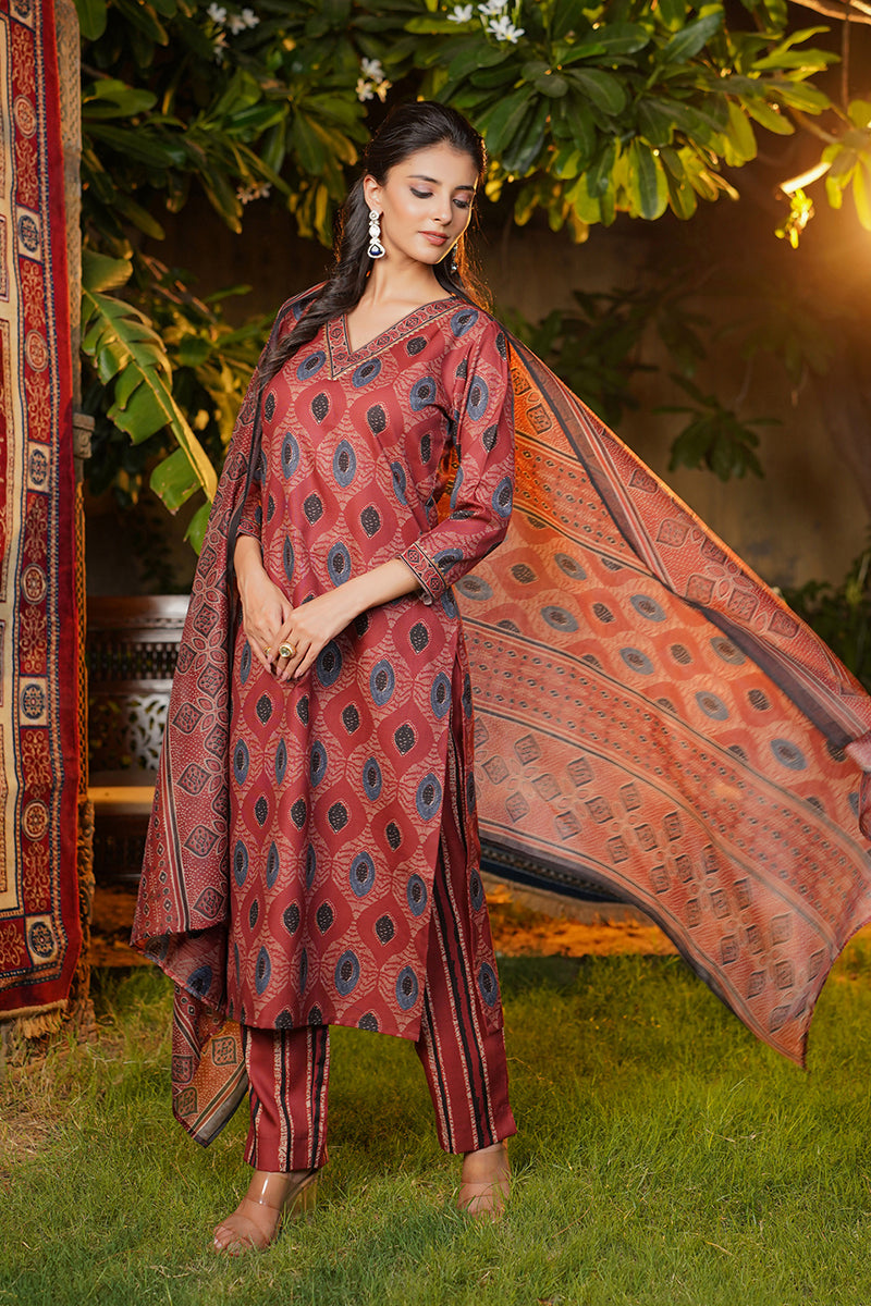 maroon rayon blend ethnic motifs printed straight kurta trousers with dupatta