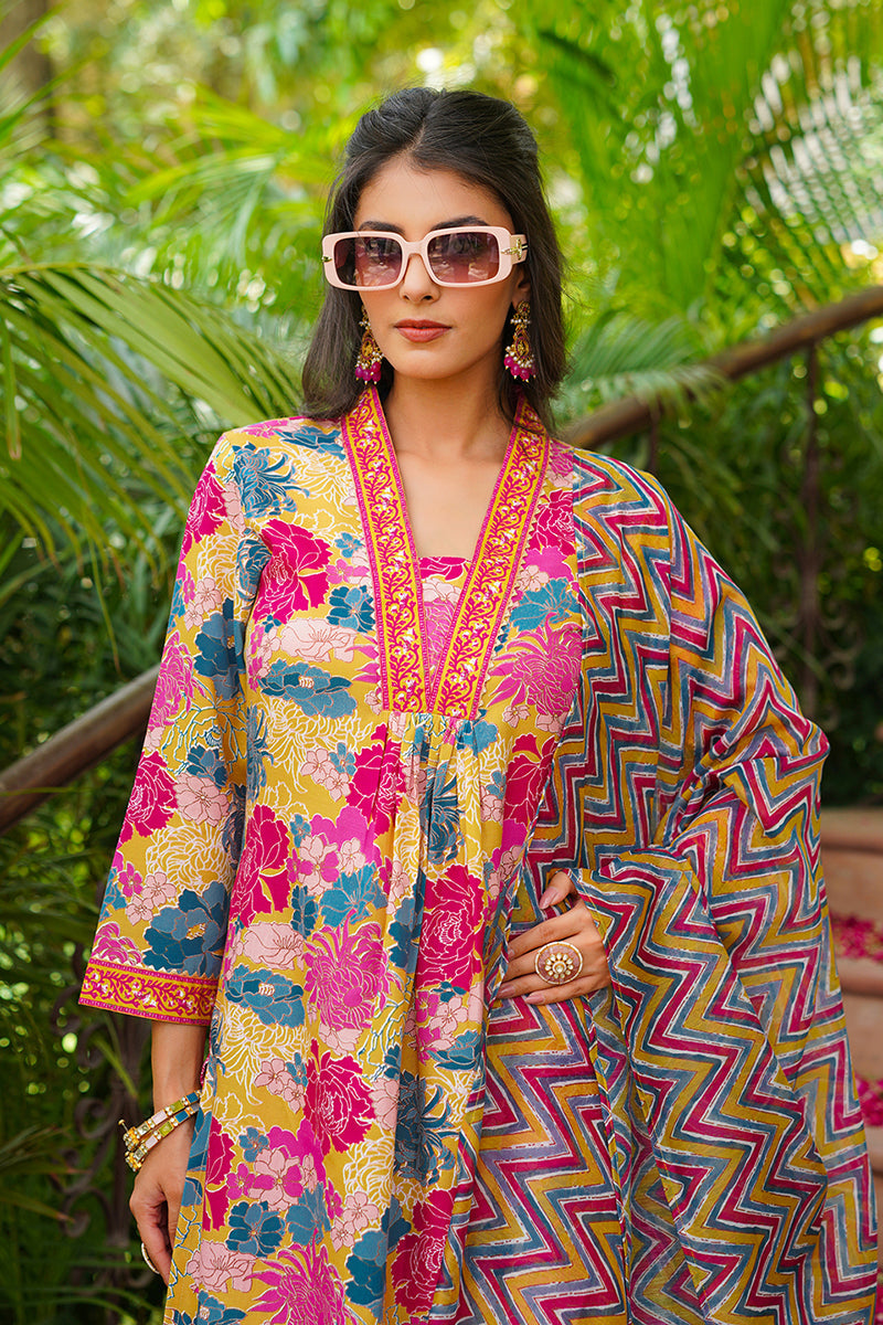 yellow rayon blend floral printed straight kurta palazzos with dupatta vkskd2366