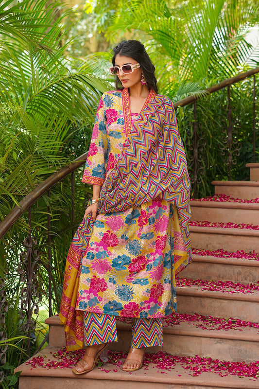 yellow rayon blend floral printed straight kurta palazzos with dupatta vkskd2366