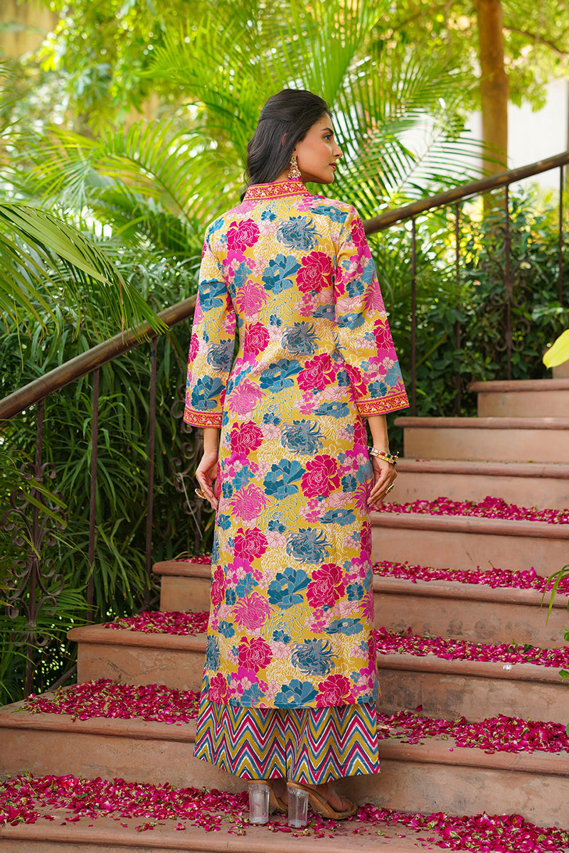 yellow rayon blend floral printed straight kurta palazzos with dupatta vkskd2366