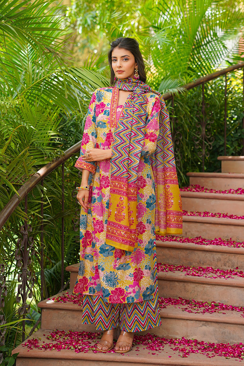 yellow rayon blend floral printed straight kurta palazzos with dupatta vkskd2366