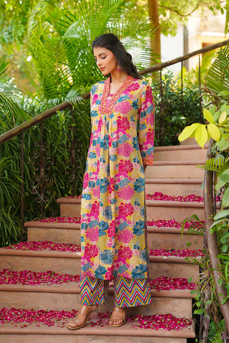yellow rayon blend floral printed straight kurta palazzos with dupatta vkskd2366