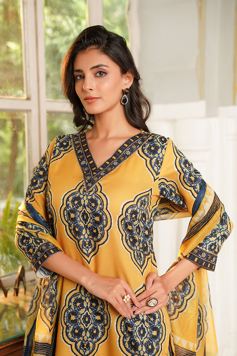 yellow rayon blend ethnic motifs printed straight kurta trousers with dupatta