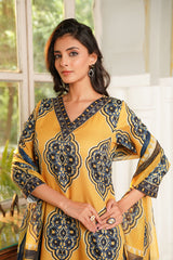 yellow rayon blend ethnic motifs printed straight kurta trousers with dupatta