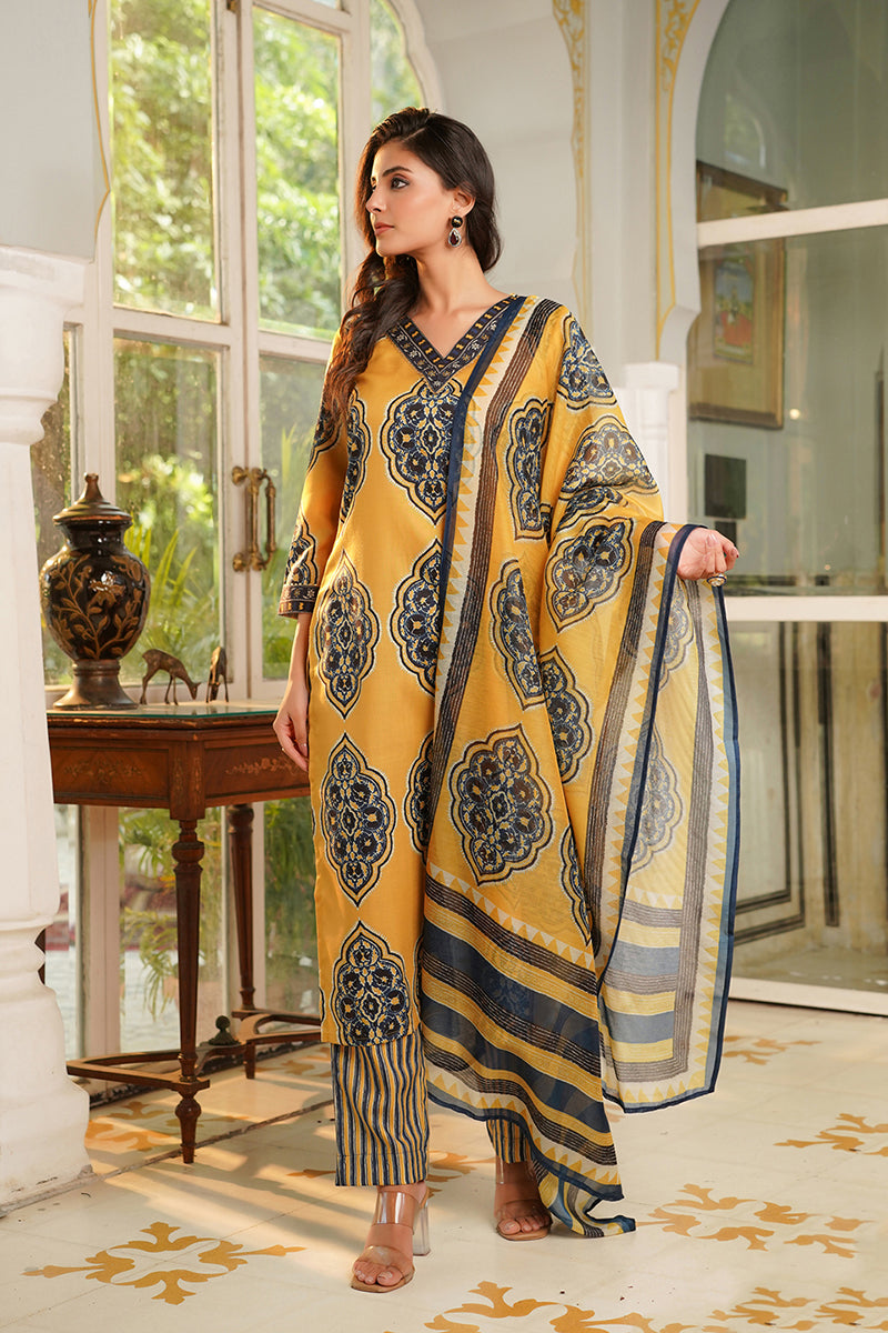 yellow rayon blend ethnic motifs printed straight kurta trousers with dupatta