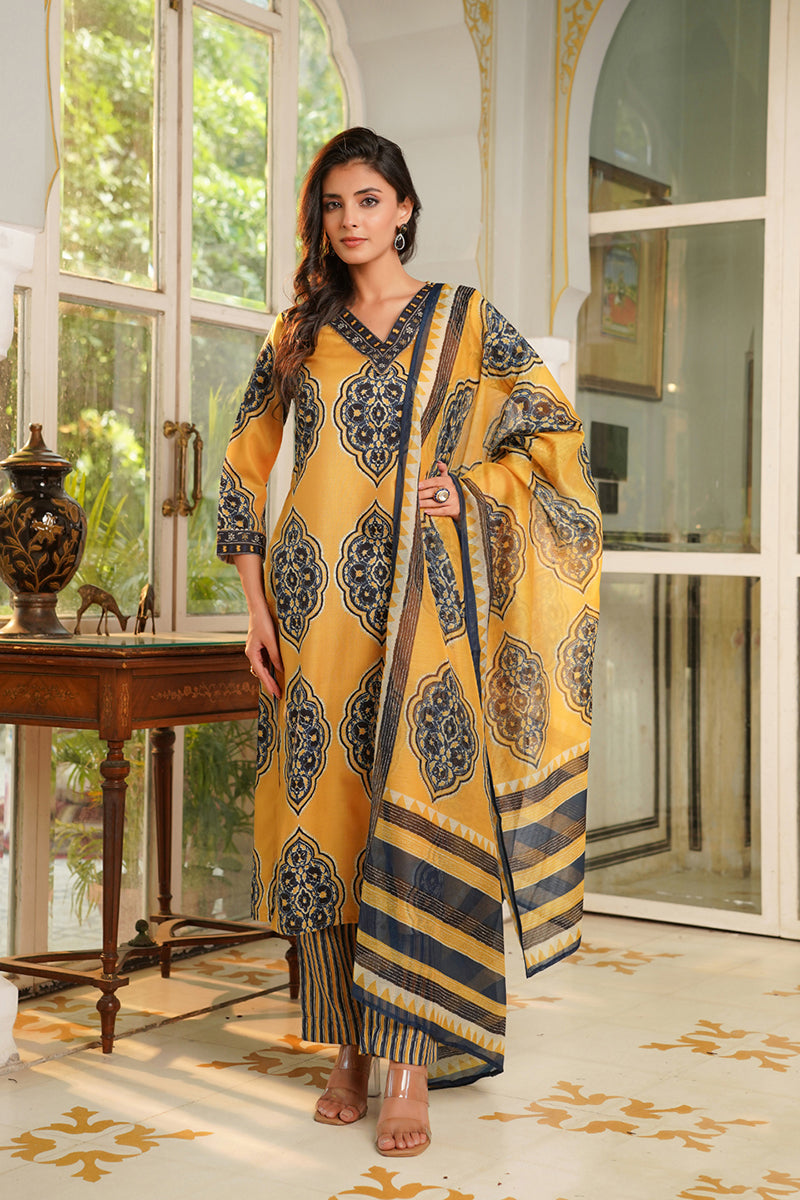 yellow rayon blend ethnic motifs printed straight kurta trousers with dupatta