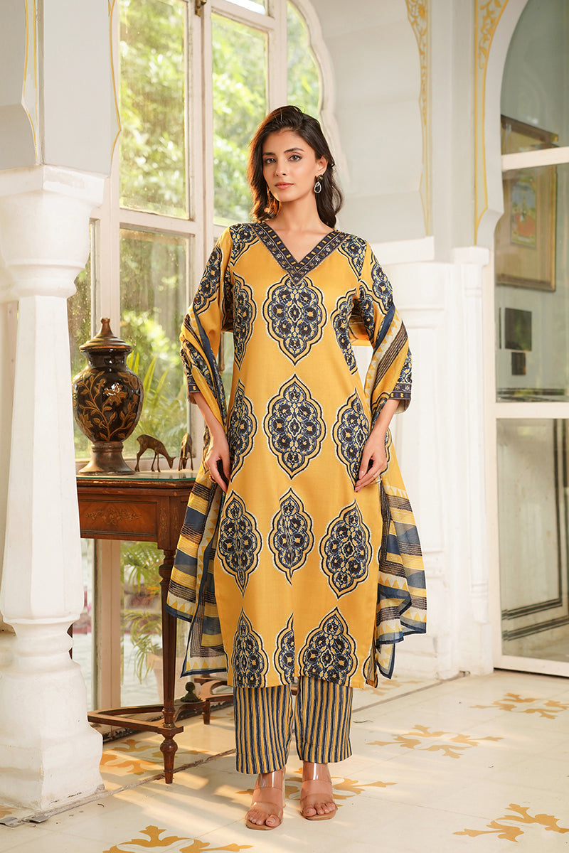 yellow rayon blend ethnic motifs printed straight kurta trousers with dupatta