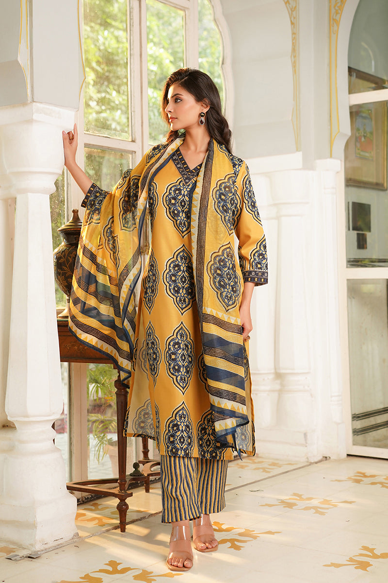 yellow rayon blend ethnic motifs printed straight kurta trousers with dupatta