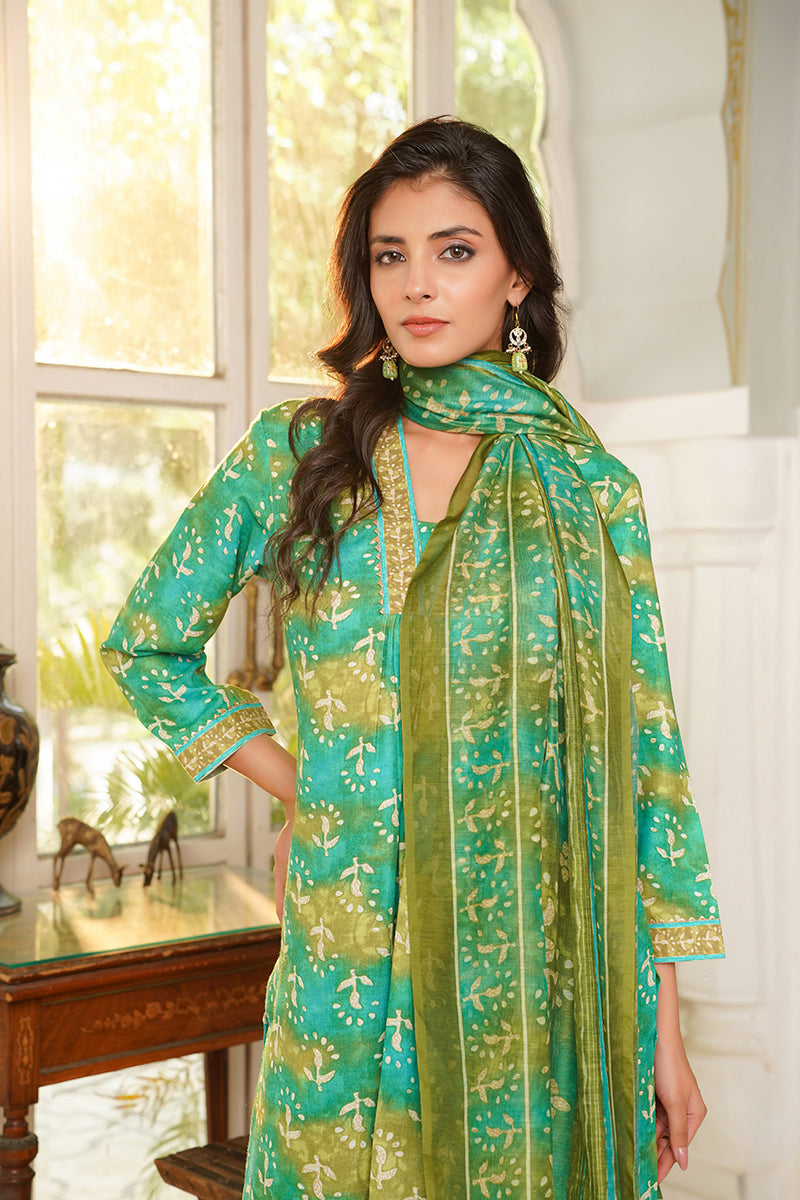 green rayon blend ethnic motifs printed straight kurta palazzos with dupatta