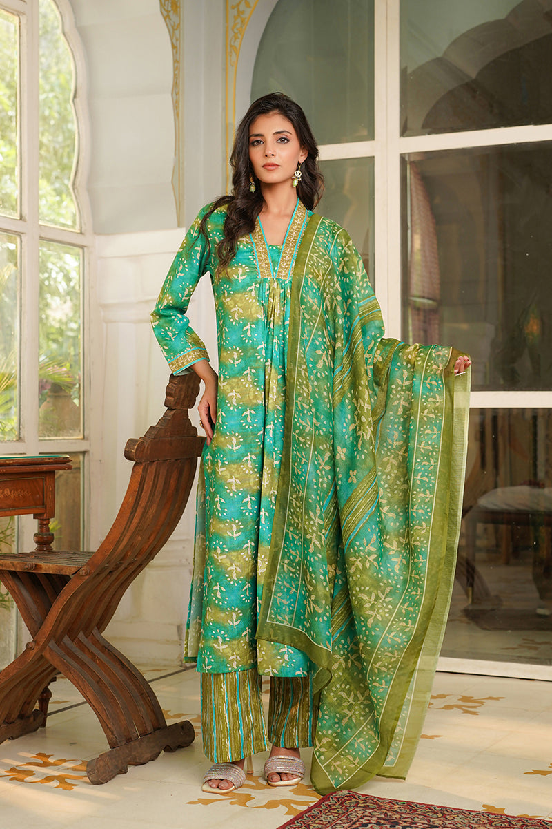 green rayon blend ethnic motifs printed straight kurta palazzos with dupatta