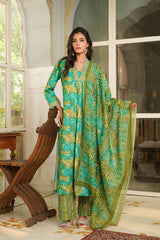 green rayon blend ethnic motifs printed straight kurta palazzos with dupatta