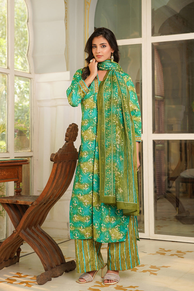 green rayon blend ethnic motifs printed straight kurta palazzos with dupatta