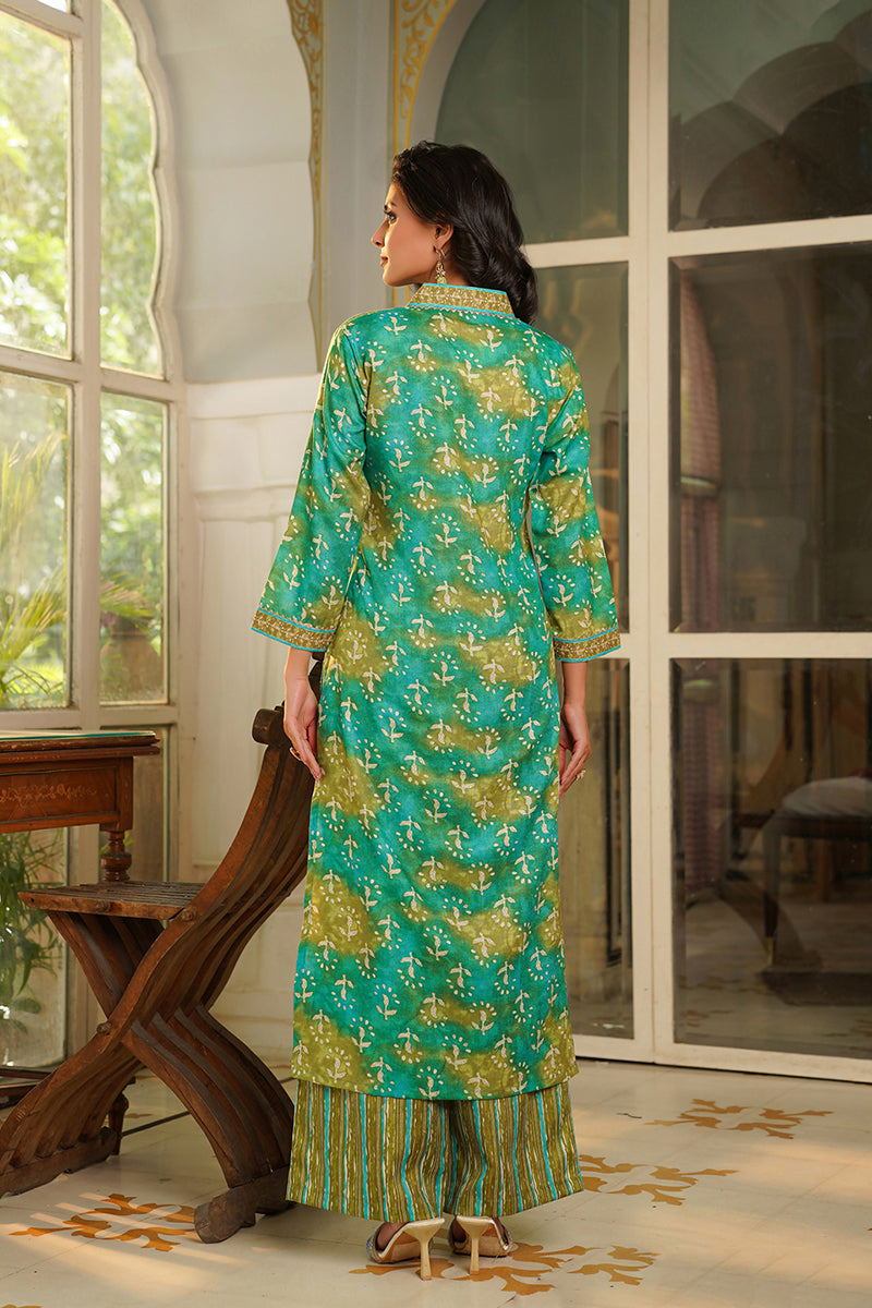green rayon blend ethnic motifs printed straight kurta palazzos with dupatta