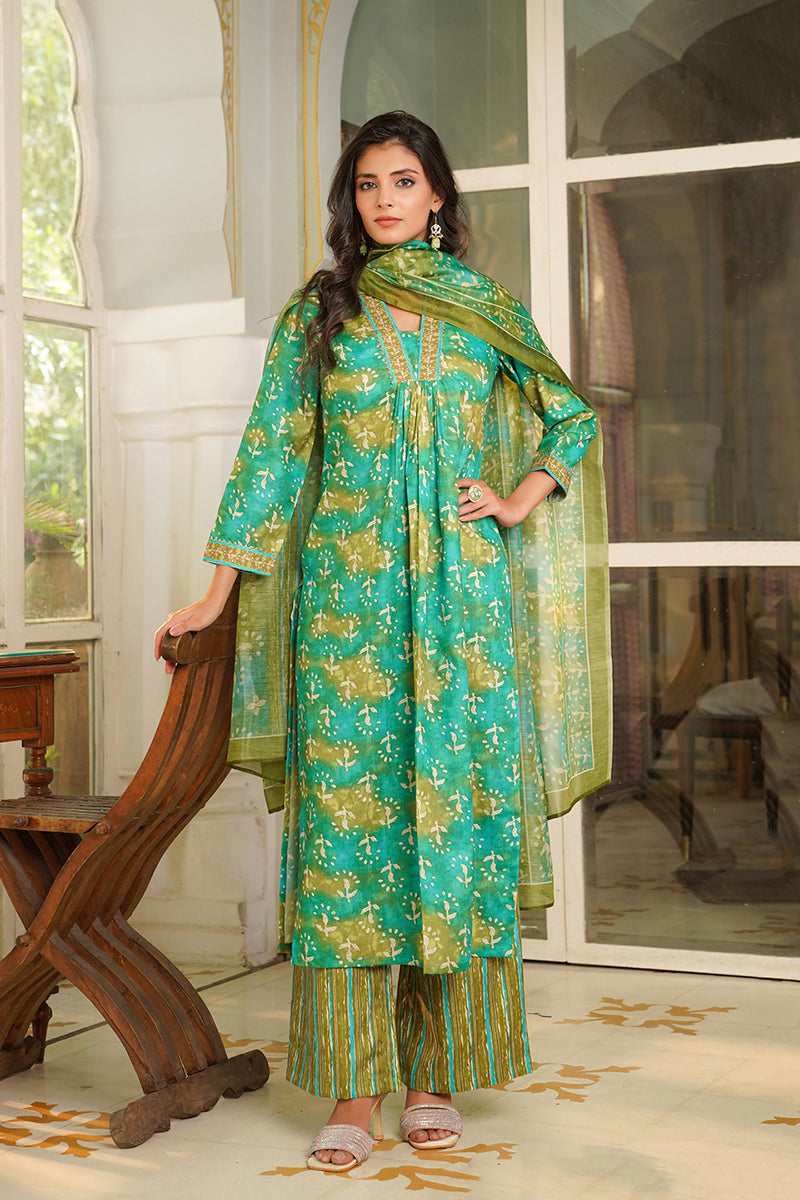 green rayon blend ethnic motifs printed straight kurta palazzos with dupatta