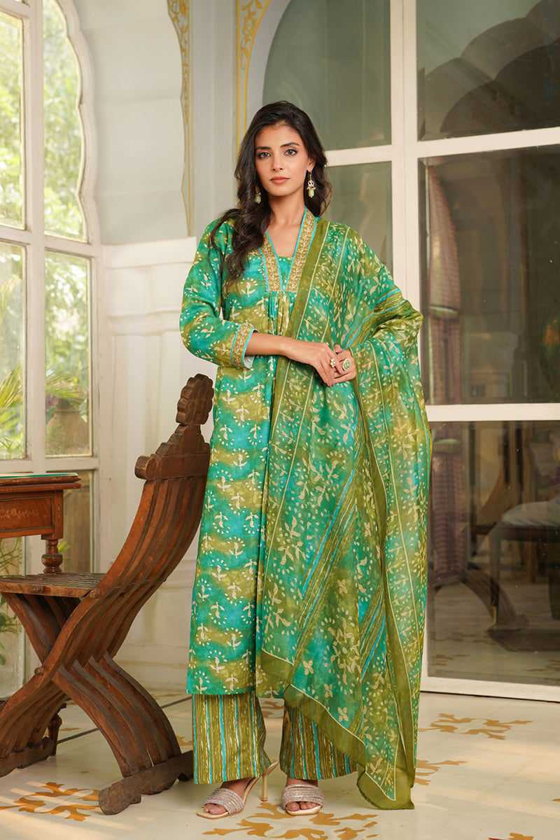 green rayon blend ethnic motifs printed straight kurta palazzos with dupatta
