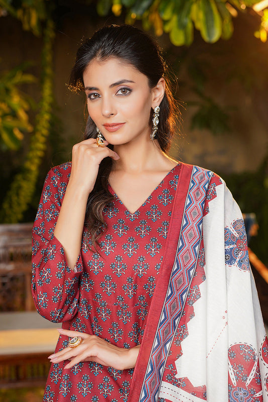 maroon rayon blend floral printed a line kurta palazzos with dupatta