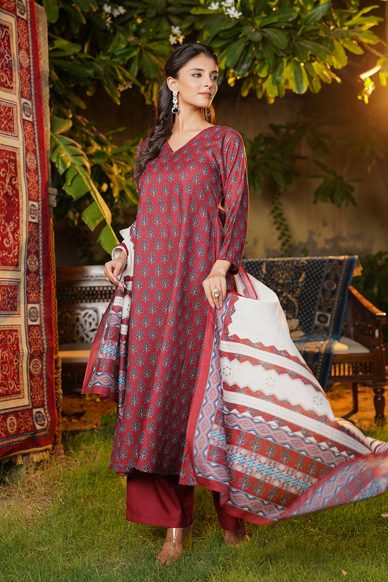 maroon rayon blend floral printed a line kurta palazzos with dupatta