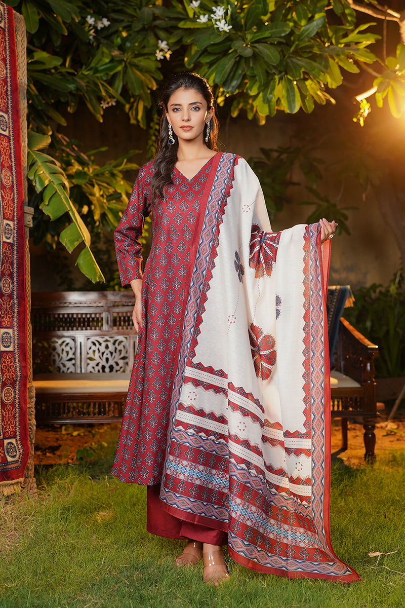 maroon rayon blend floral printed a line kurta palazzos with dupatta