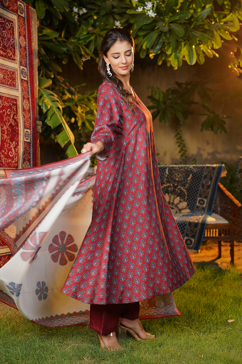 maroon rayon blend floral printed a line kurta palazzos with dupatta