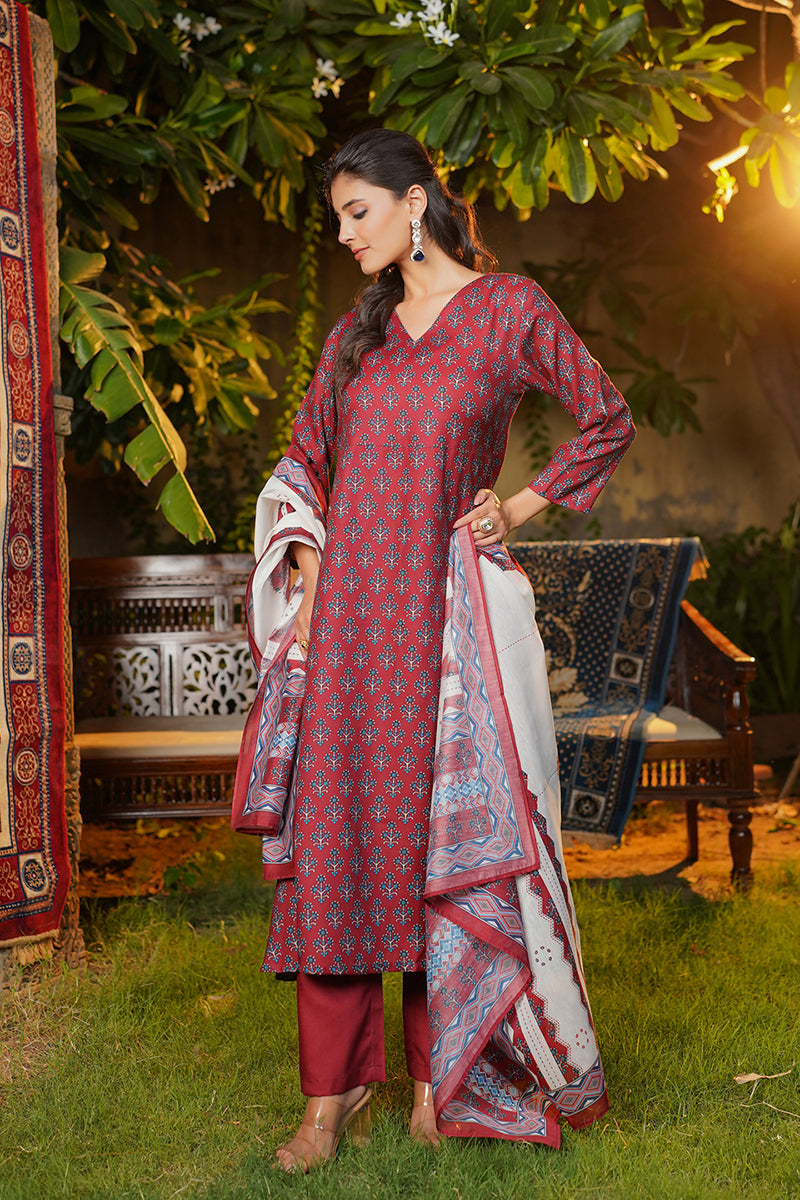 maroon rayon blend floral printed a line kurta palazzos with dupatta