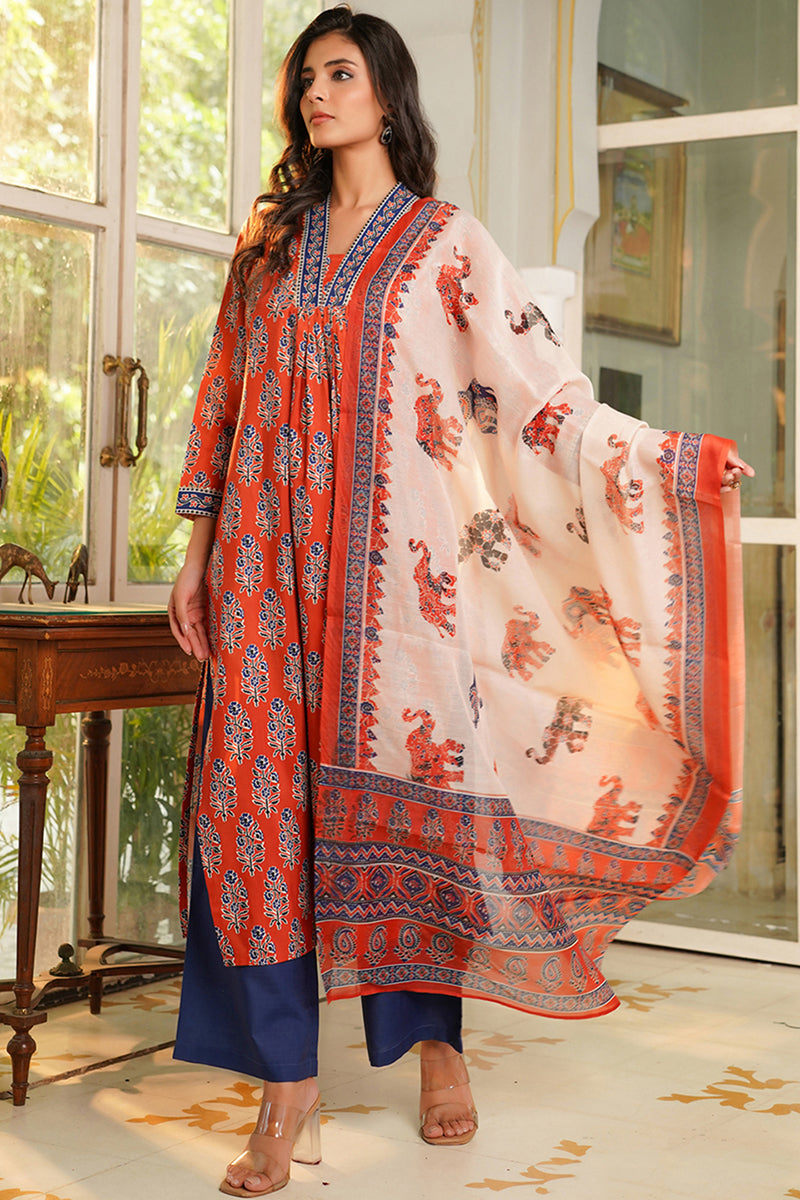 orange rayon blend floral printed straight kurta palazzos with dupatta vkskd2374