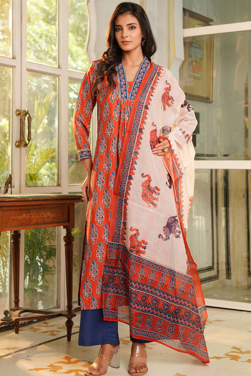 orange rayon blend floral printed straight kurta palazzos with dupatta vkskd2374