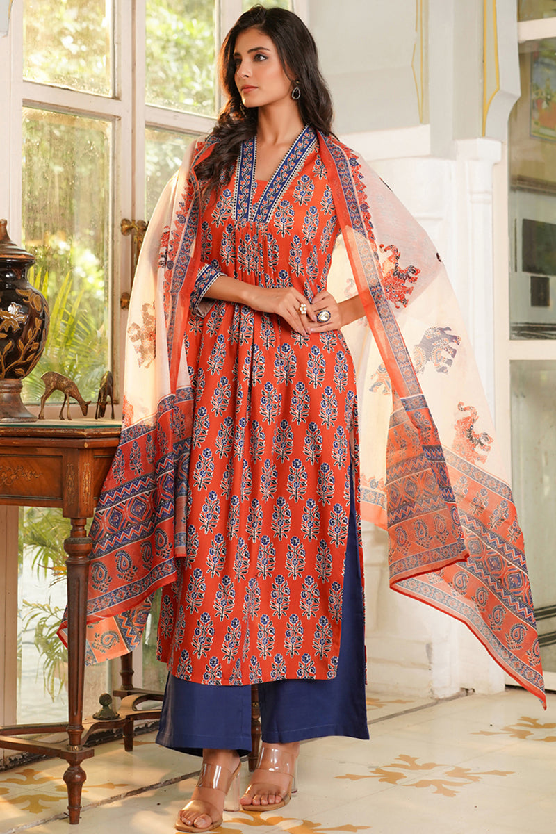 orange rayon blend floral printed straight kurta palazzos with dupatta vkskd2374
