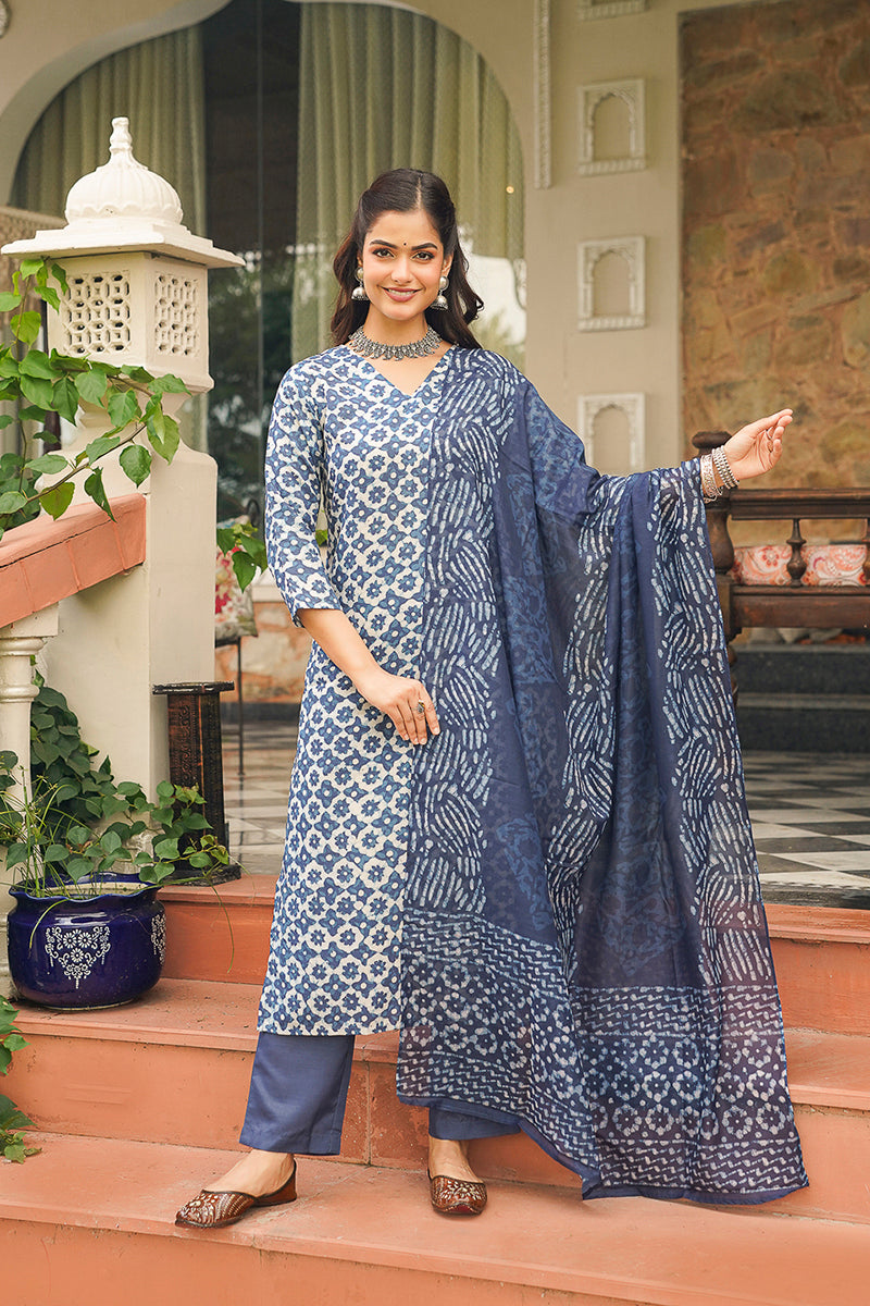 blue rayon blend floral printed straight kurta trousers with dupatta 