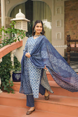 blue rayon blend floral printed straight kurta trousers with dupatta 