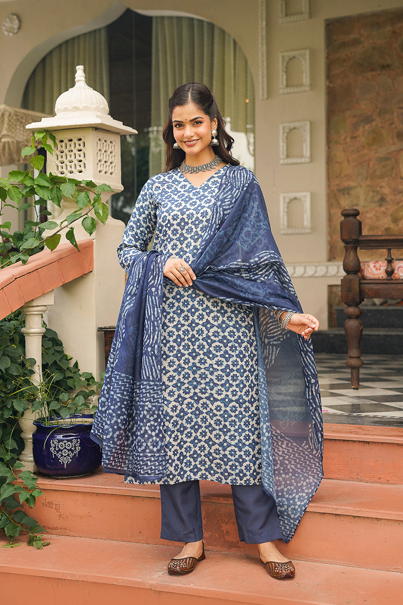 blue rayon blend floral printed straight kurta trousers with dupatta 