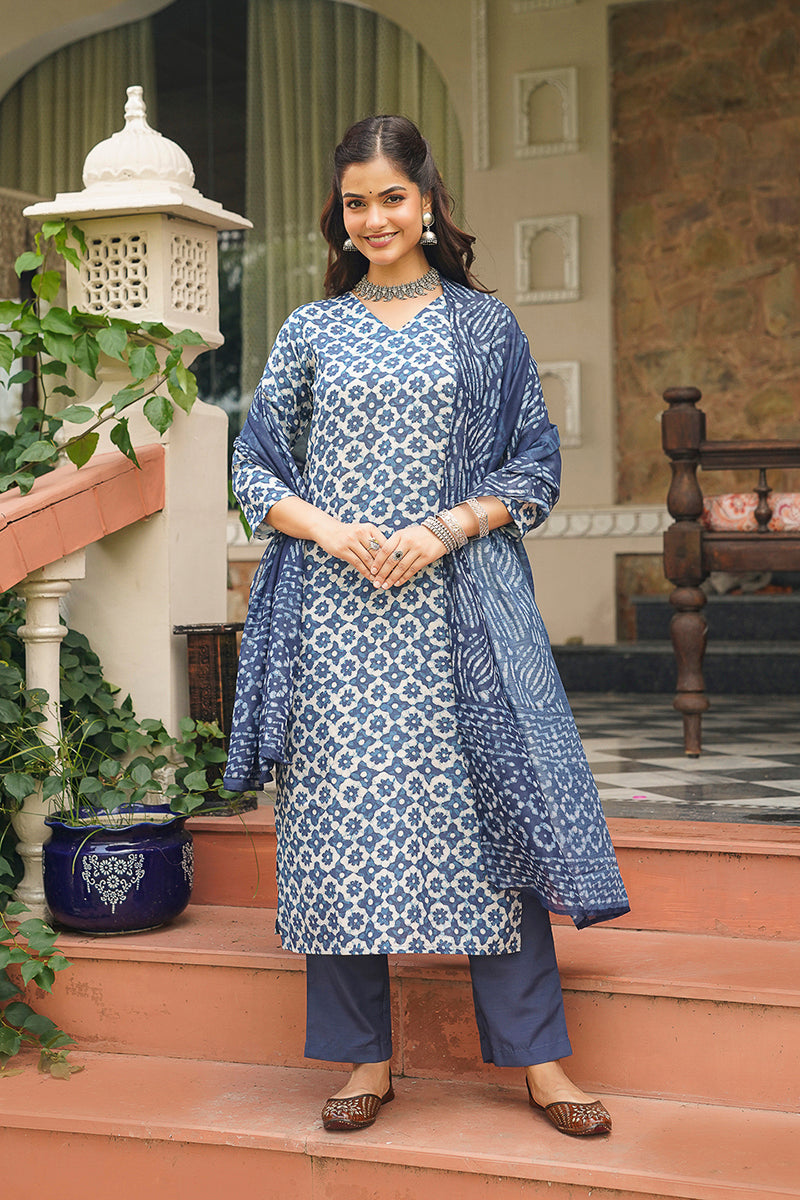 blue rayon blend floral printed straight kurta trousers with dupatta 