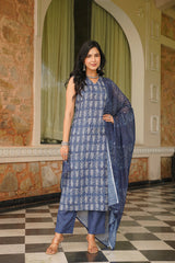 blue rayon blend ethnic motifs printed straight kurta trousers with dupatta 