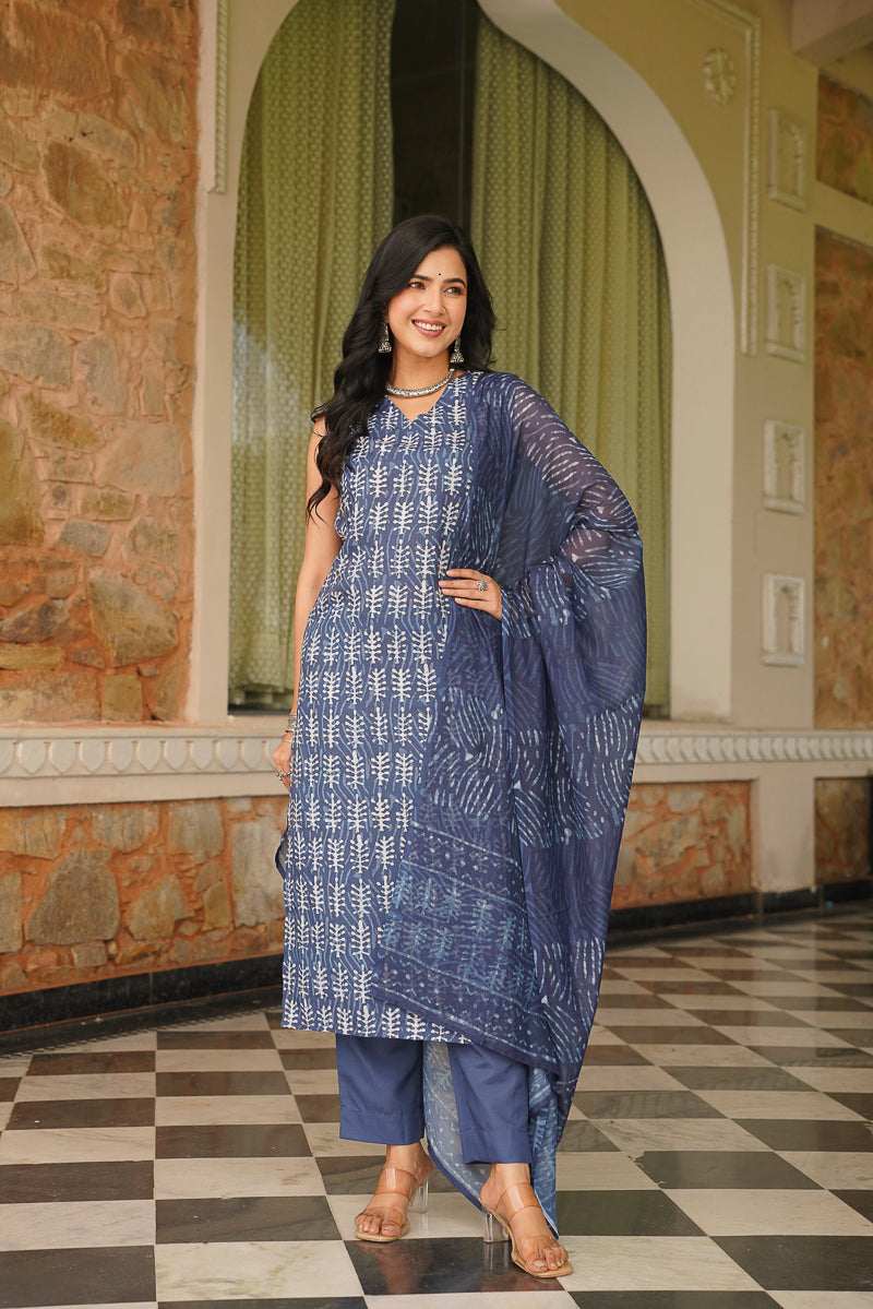 blue rayon blend ethnic motifs printed straight kurta trousers with dupatta 