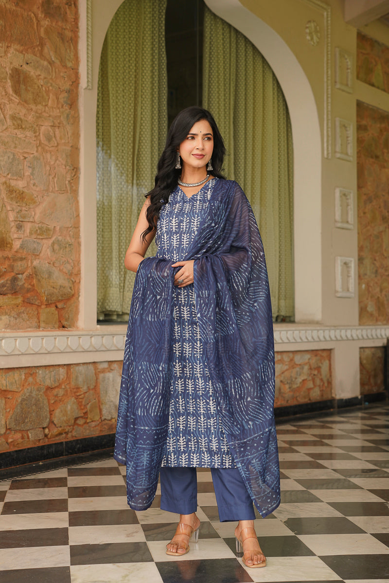 blue rayon blend ethnic motifs printed straight kurta trousers with dupatta 