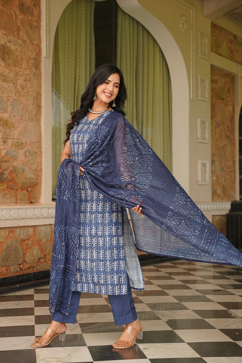 blue rayon blend ethnic motifs printed straight kurta trousers with dupatta 