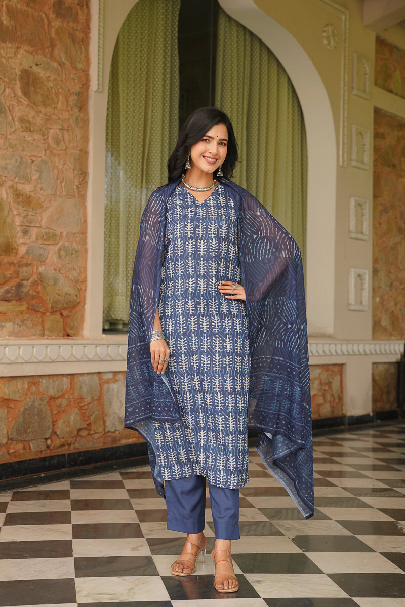 blue rayon blend ethnic motifs printed straight kurta trousers with dupatta 