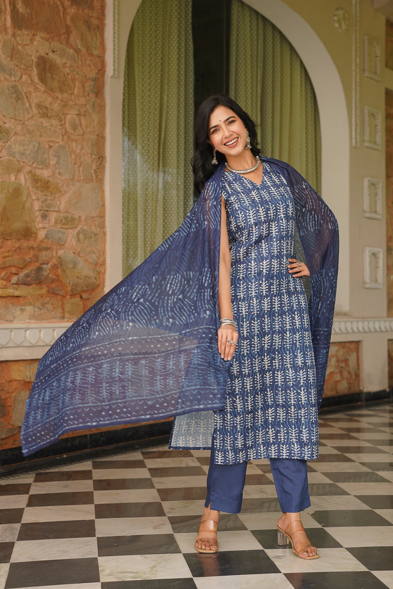 blue rayon blend ethnic motifs printed straight kurta trousers with dupatta 