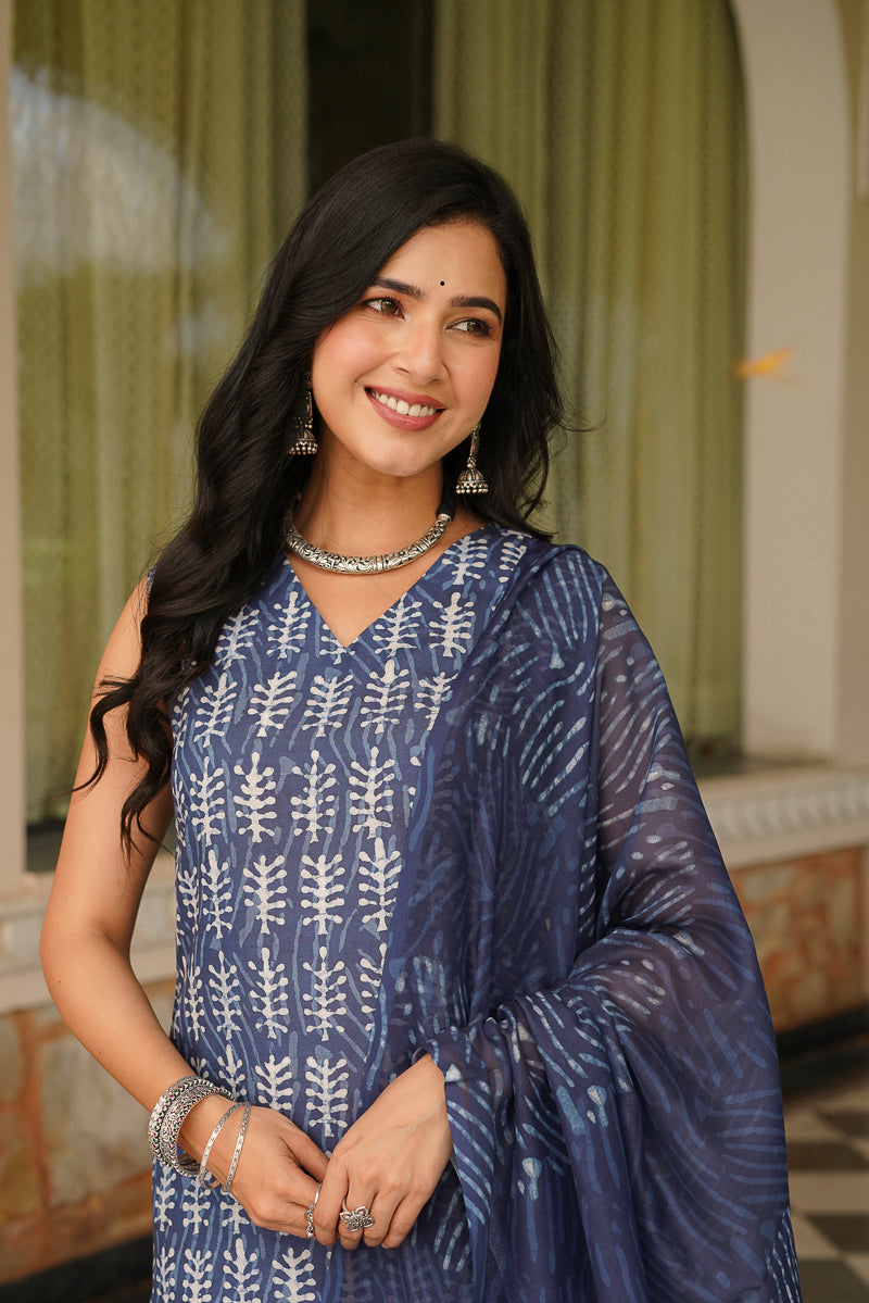 blue rayon blend ethnic motifs printed straight kurta trousers with dupatta 