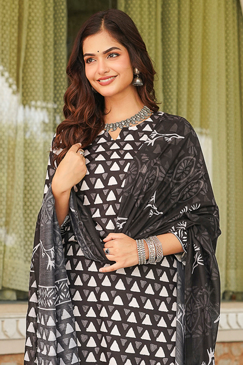 black rayon blend geometric printed straight kurta trousers with dupatta 