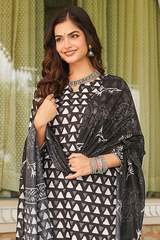 black rayon blend geometric printed straight kurta trousers with dupatta 