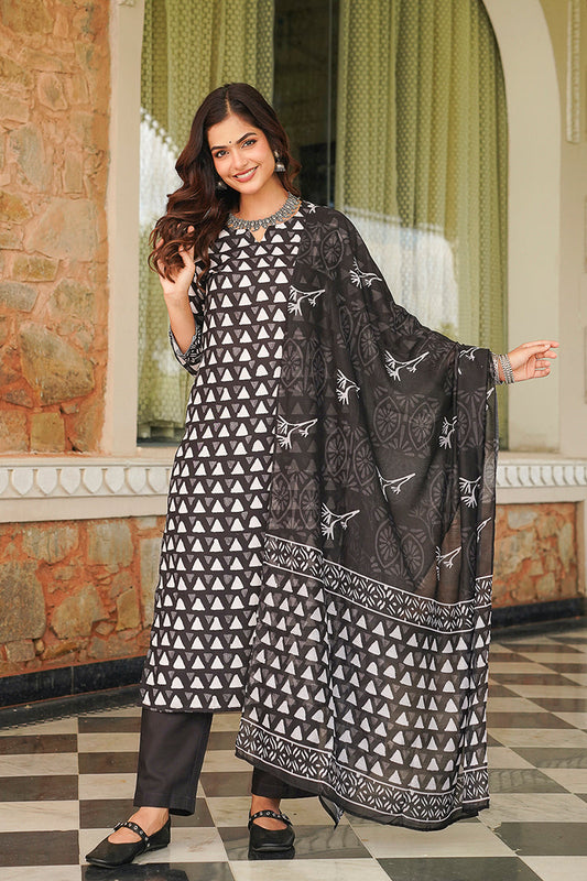 black rayon blend geometric printed straight kurta trousers with dupatta 